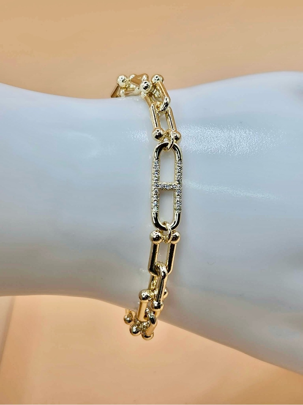 Gold Plated Link Bracelet with Pave Crystal Accent
